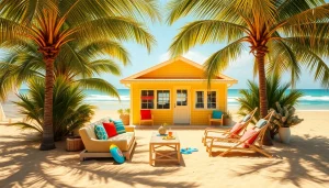 Relaxing outdoor area of a coastal cabana surrounded by palm trees and vibrant beach decor.