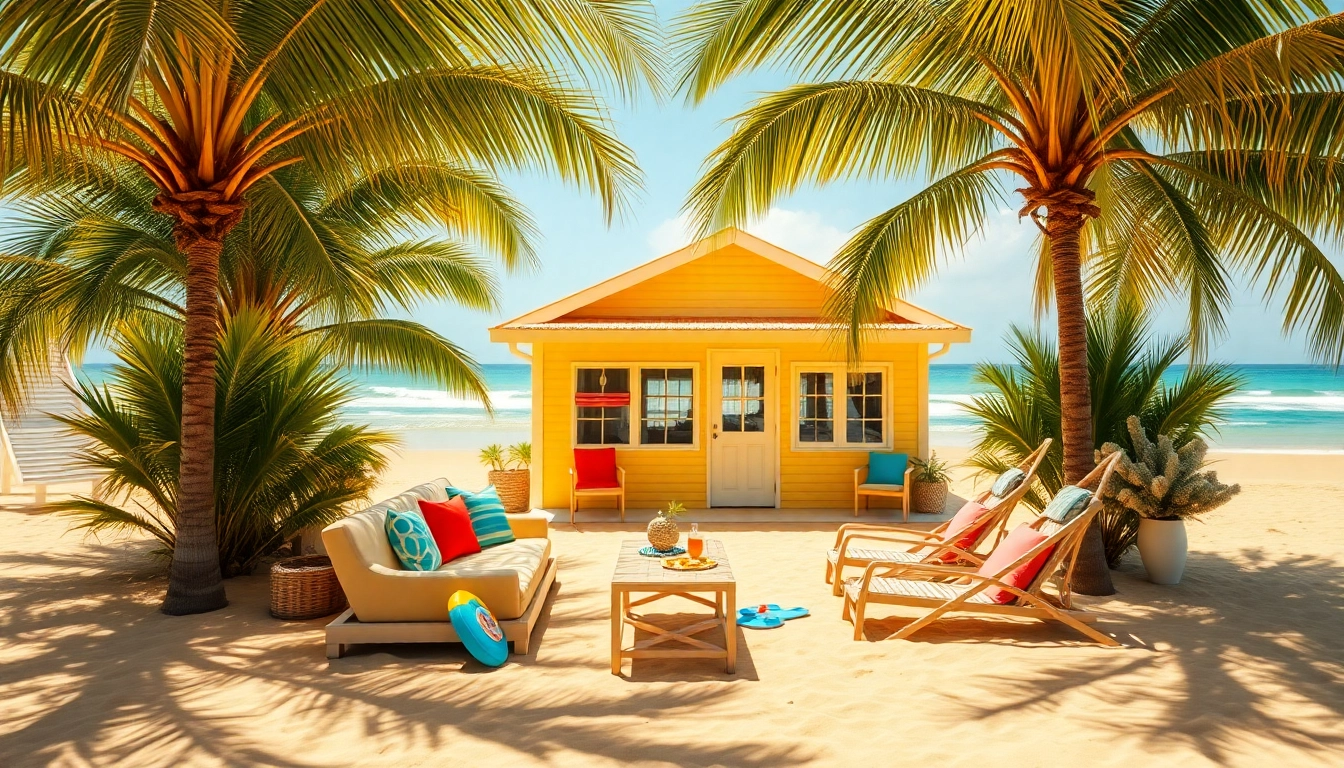 Relaxing outdoor area of a coastal cabana surrounded by palm trees and vibrant beach decor.