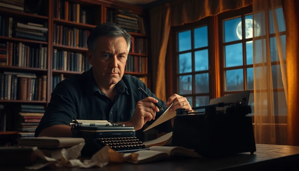 Action thriller author immersed in writing amidst a dramatic, book-filled study.