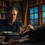 Action thriller author immersed in writing amidst a dramatic, book-filled study.