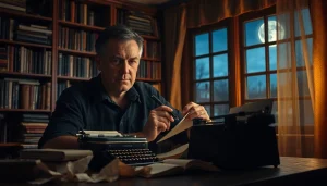 Action thriller author immersed in writing amidst a dramatic, book-filled study.