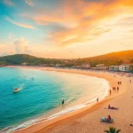 Vista aérea deslumbrante das praias de Paripueira AL, com águas claras e pôr do sol vibrante.