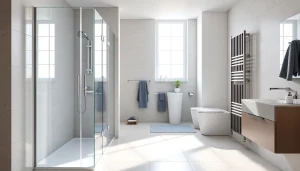 Produkte von sonni sanitär in einem modernen Badezimmer mit stilvollen Duschkabinen und Heizkörpern.