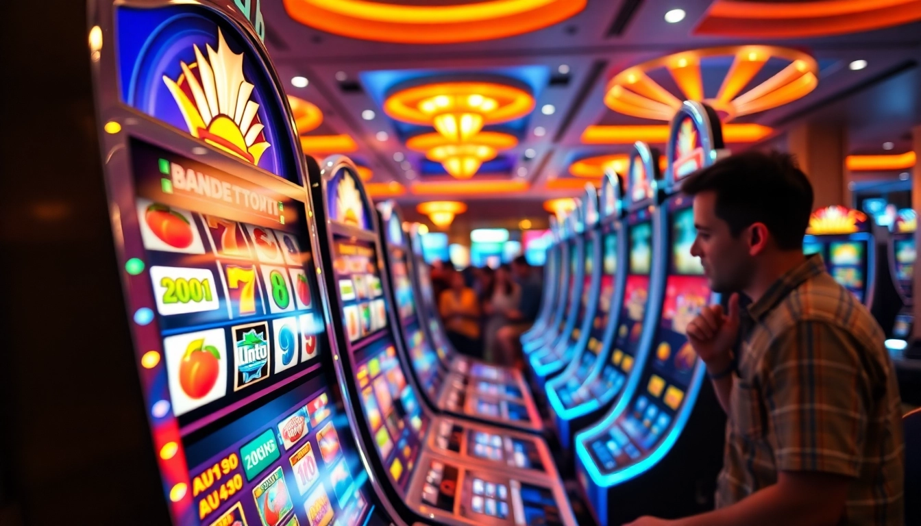 Menggambarkan bandar toto 4d slot dalam suasana kasino yang meriah dengan pemain yang antusias.