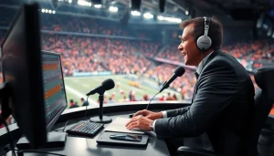 스포츠중계 전문가가 생중계 중인 열정적인 장면