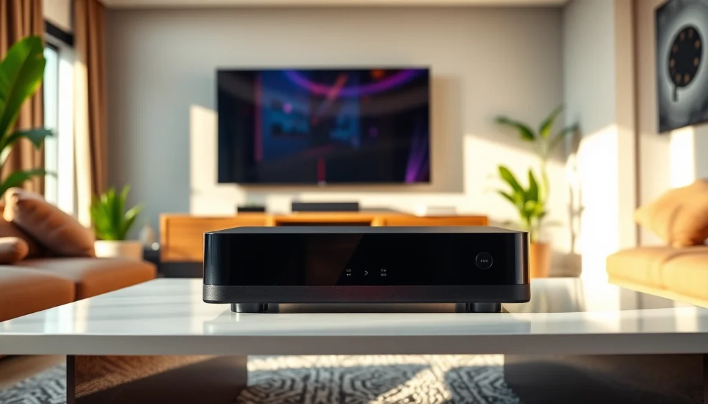 Engaging visual of the iron tv pro streaming device on a modern coffee table in a cozy living room.