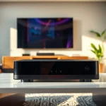 Engaging visual of the iron tv pro streaming device on a modern coffee table in a cozy living room.