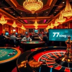 A vibrant casino scene featuring lively players with the 79king hn logo visible, showcasing engagement at blackjack and roulette tables.