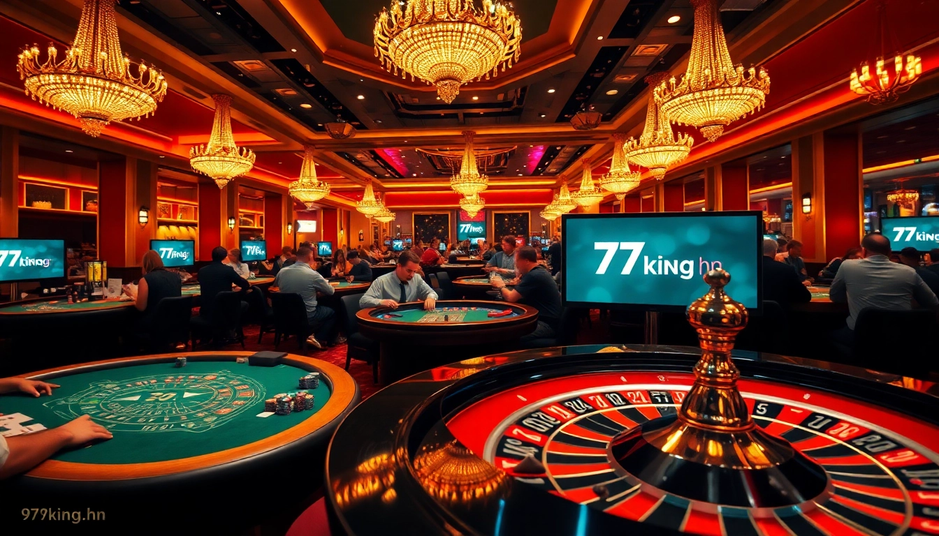 A vibrant casino scene featuring lively players with the 79king hn logo visible, showcasing engagement at blackjack and roulette tables.