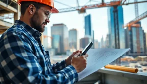 New York Commercial General Contractor examining blueprints at a bustling construction site.