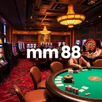 mm88 players engage at a poker table in a vibrant casino scene, showcasing excitement and strategy.