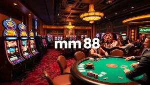 mm88 players engage at a poker table in a vibrant casino scene, showcasing excitement and strategy.