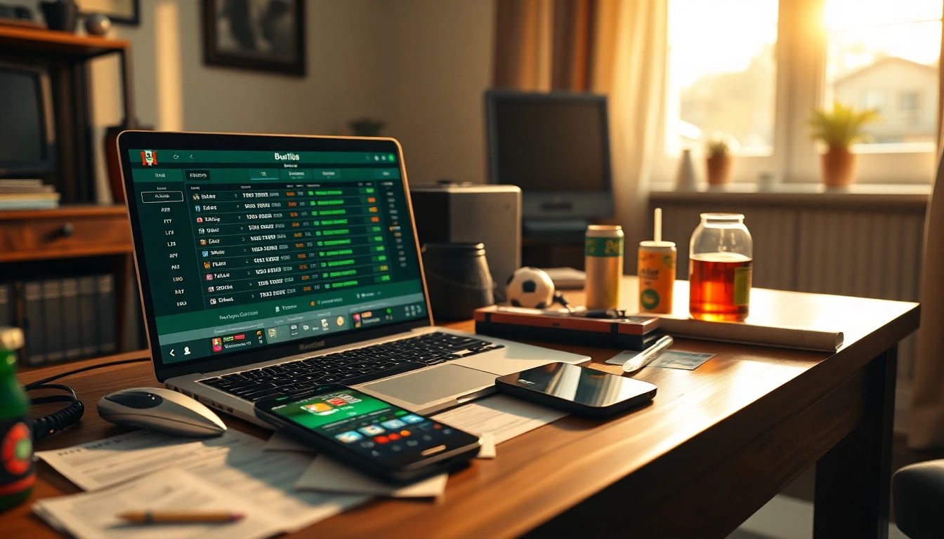 Menggunakan toto resmi untuk memasang taruhan olahraga dengan laptop dan slip taruhan.