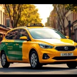 Book a West bridgford Taxi conveniently waiting beside bustling shops and cafes in a vibrant street.