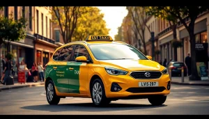 Book a West bridgford Taxi conveniently waiting beside bustling shops and cafes in a vibrant street.