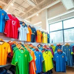 Showcasing a variety of cheap football kits arranged attractively in a bright retail space.