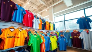 Showcasing a variety of cheap football kits arranged attractively in a bright retail space.
