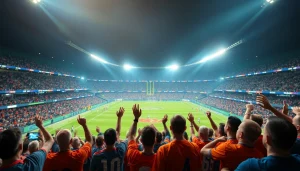 스포츠중계에 열광하는 팬들이 있는 생생한 스포츠 방송 장면