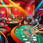 The lively atmosphere of KJC AC 2 casino featuring roulette wheels, poker tables, and gambling enthusiasts in action.