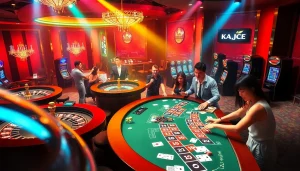 The lively atmosphere of KJC AC 2 casino featuring roulette wheels, poker tables, and gambling enthusiasts in action.