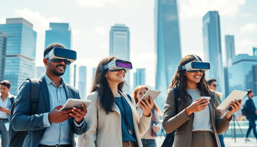 Engage with transformative Technology in a vibrant urban environment showcasing innovation and interaction.