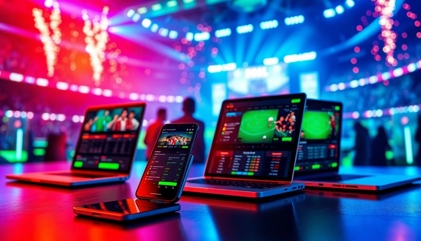 Engaging scene illustrating the best sports betting sites in India through vibrant app displays on modern devices.