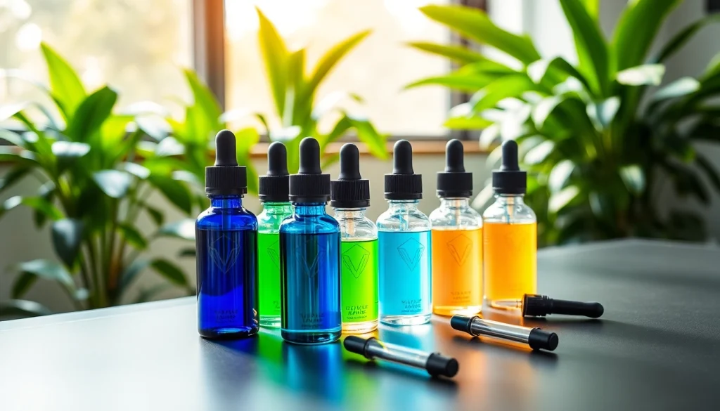 Flaschen mit hochwertigem Liquid in verschiedenen Farben und Aromen auf einem modernen Tisch.