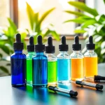 Flaschen mit hochwertigem Liquid in verschiedenen Farben und Aromen auf einem modernen Tisch.