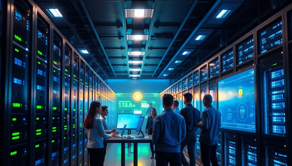 Advanced bitcoin cloud mining setup with modern servers and digital displays.