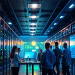 Advanced bitcoin cloud mining setup with modern servers and digital displays.