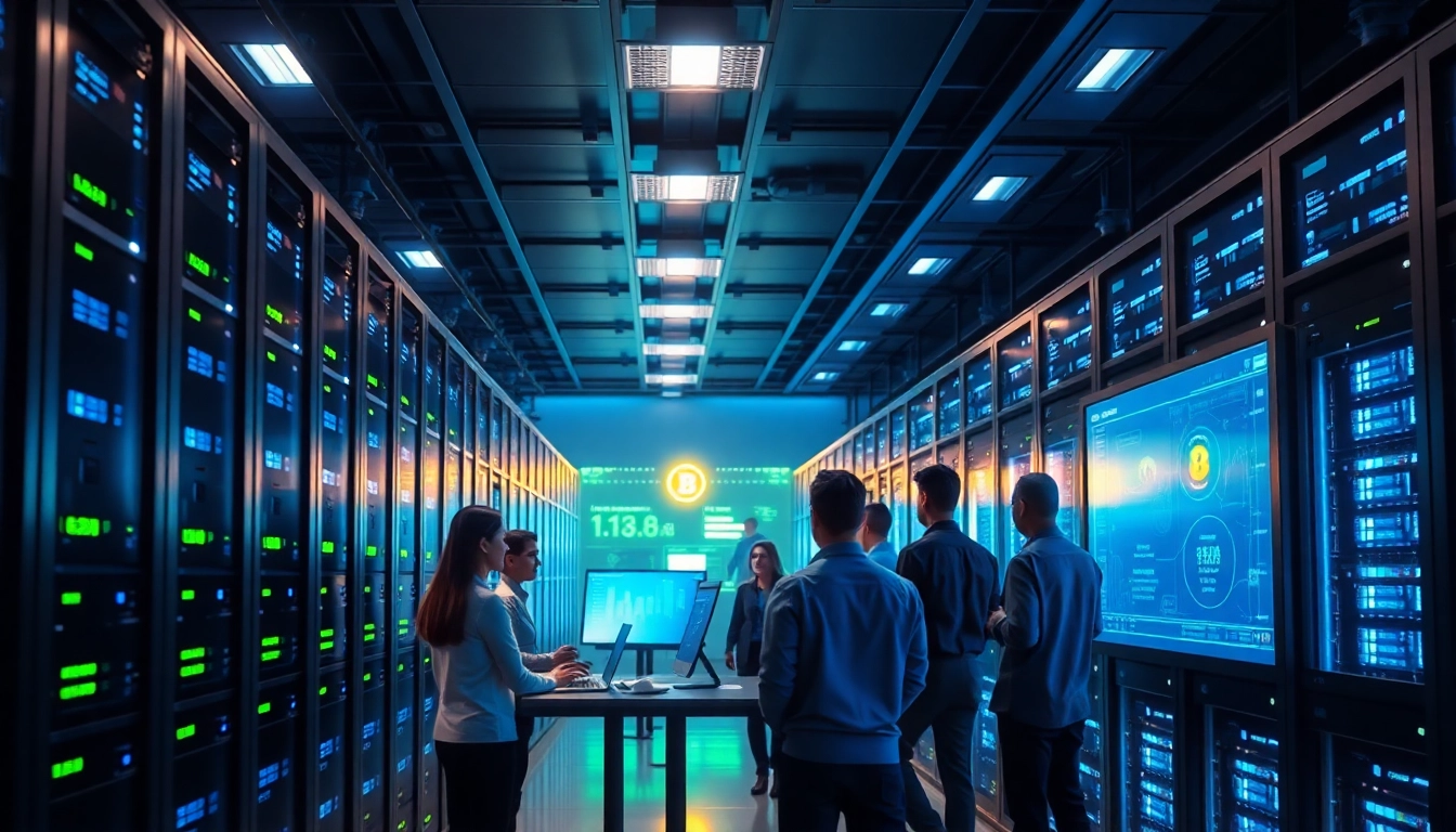 Advanced bitcoin cloud mining setup with modern servers and digital displays.