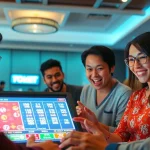 Menggambarkan togel online, pemain bersemangat berinteraksi dengan layar digital yang berkilau.