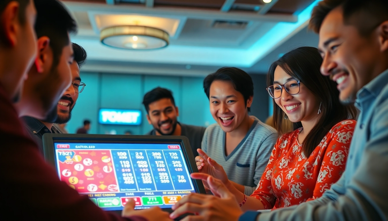Menggambarkan togel online, pemain bersemangat berinteraksi dengan layar digital yang berkilau.