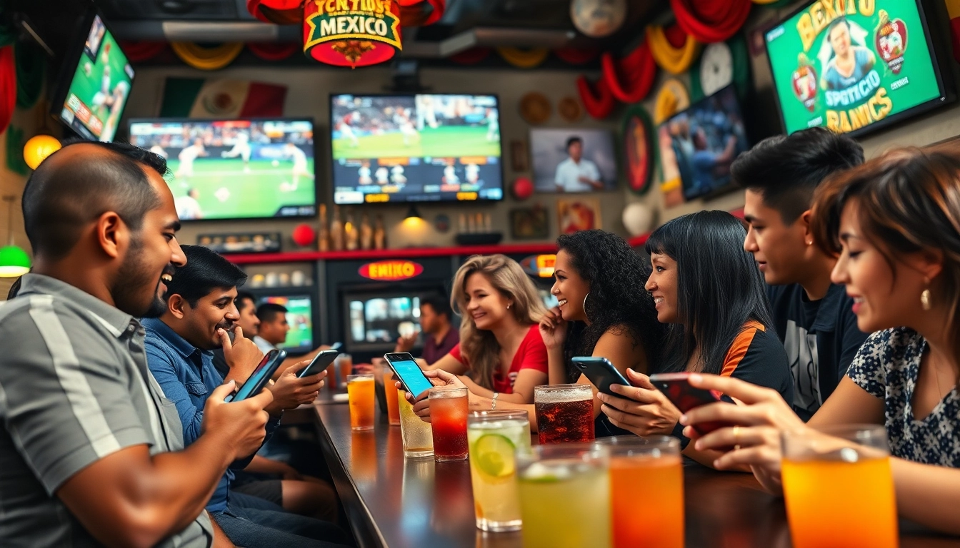 Engaged bettors enjoying the best sports betting sites in Mexico at a lively sports bar atmosphere.