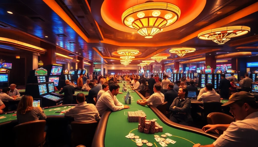 Bermain komengtoto gacor di lingkungan kasino yang penuh dengan energi dan cahaya neon.