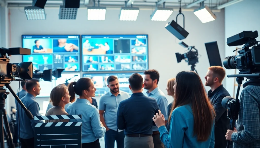 Discover a video production agency team collaborating in a modern studio with high-tech gear and vibrant visuals.