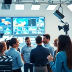 Discover a video production agency team collaborating in a modern studio with high-tech gear and vibrant visuals.