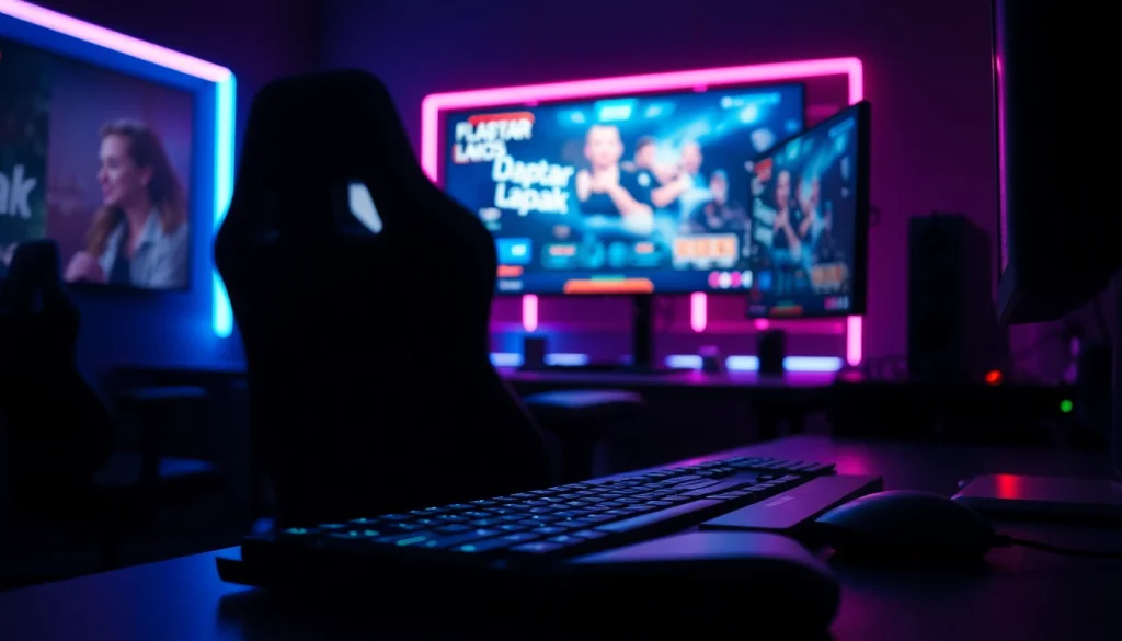 Permainan daftar lapak303 game dengan alat gaming modern dan suasana neon yang energik.