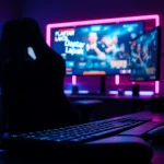 Permainan daftar lapak303 game dengan alat gaming modern dan suasana neon yang energik.