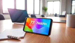 View of 79king hn website on a smartphone in a dynamic office environment.