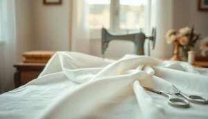 Mousseline stof met delicate plooien op een vintage naaitafel, perfect belicht.