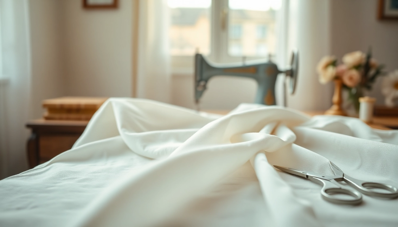 Mousseline stof met delicate plooien op een vintage naaitafel, perfect belicht.