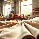 Punta di Roma stof getoond in een textielwerkplaats met artisanale details.