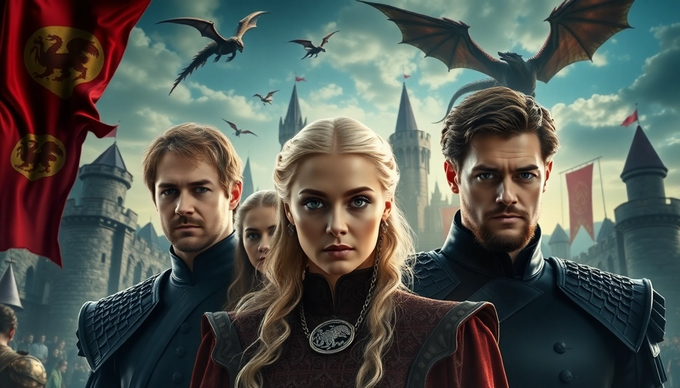 Showcasing the game of thrones cast in a dramatic medieval scene with iconic elements.