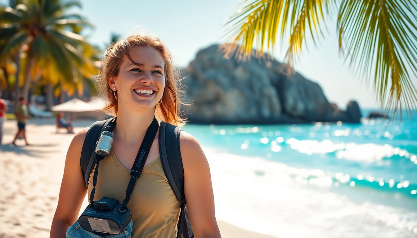 Budget travel Cabo scene with a traveler at the beach enjoying sun and waves.