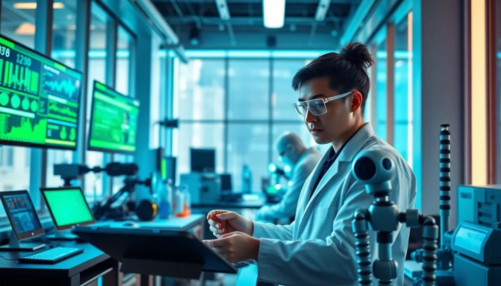 Engaging scene of Technology research with a scientist in a modern lab setting, showcasing innovation.