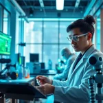 Engaging scene of Technology research with a scientist in a modern lab setting, showcasing innovation.