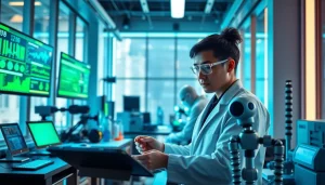 Engaging scene of Technology research with a scientist in a modern lab setting, showcasing innovation.