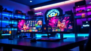 Aktivitas bermain agen toto dengan setup gaming modern dan pencahayaan seru.