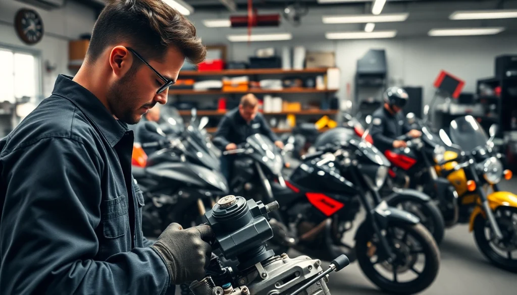 In der motorrad werkstatt arbeiten Mechaniker an verschiedenen Motorrädern.